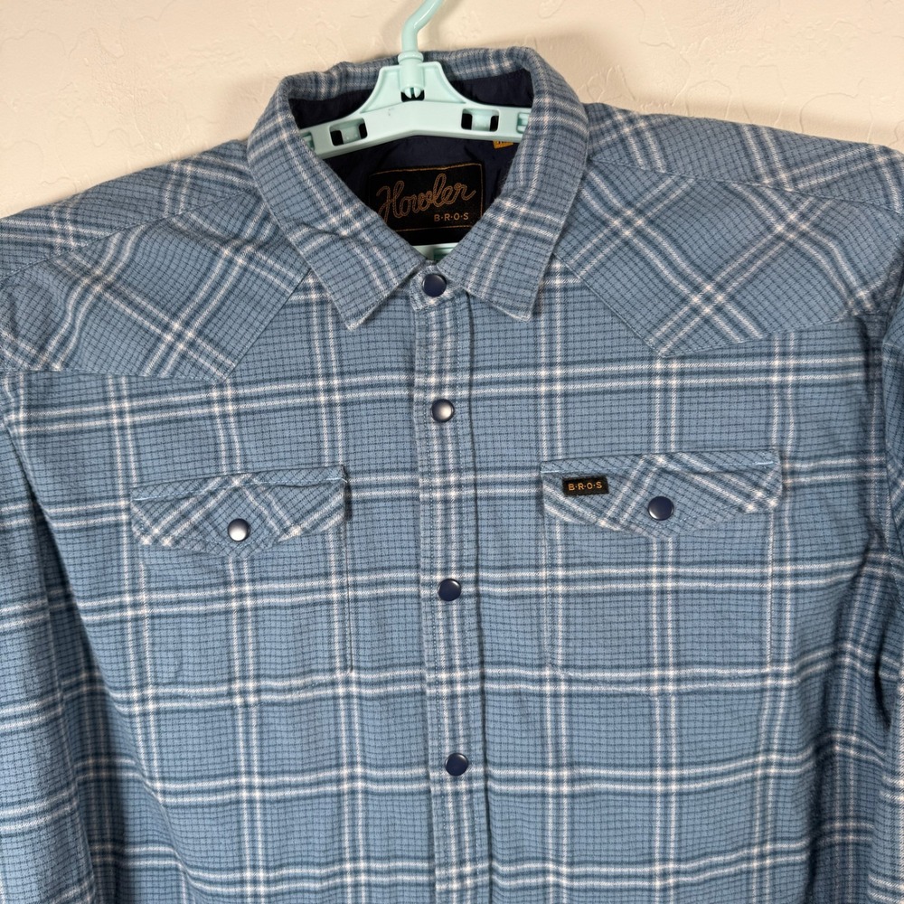 Howler Brothers Shirt Mens XL Blue Snap Button Flannel Western Plaid Casual